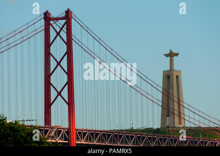 Christ the King & 25 de Abril Bridge - Lisbon - Portugal Stock Photo