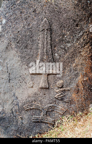 Tiya is a town and archaeological site notable for stone pillars with carved symbols, notably swords. Stock Photo