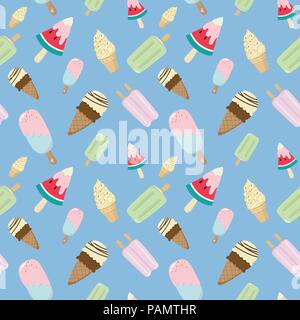 ice cream cone and ice cream bar seamless pattern on blue background. ice cream line illustration background. creative pastels concept Stock Vector