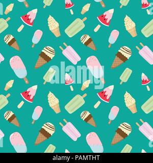ice cream cone and ice cream bar seamless pattern on green background. ice cream line illustration background. creative pastels concept Stock Vector