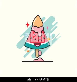 cute cartoon of ice cream bar in watermelon shape on white background with emotion happy face. ice cream line illustration background. creative pastel Stock Vector
