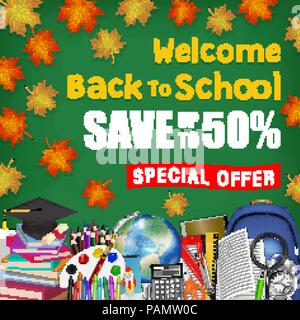 autumn leaf back to school sale with student items Stock Vector