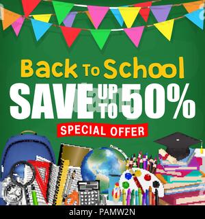 back to school sale poster with student items Stock Vector