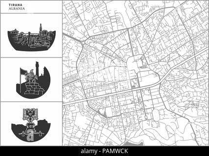 Tirana city map with hand-drawn architecture icons. All drawigns, map and background separated for easy color change. Easy repositioning in vector ver Stock Vector