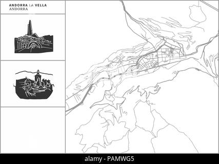 Andorra la Vella city map with hand-drawn architecture icons. All drawigns, map and background separated for easy color change. Easy repositioning in  Stock Vector