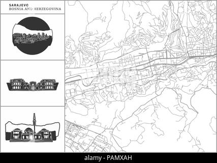 Sarajevo city map with hand-drawn architecture icons. All drawigns, map and background separated for easy color change. Easy repositioning in vector v Stock Vector