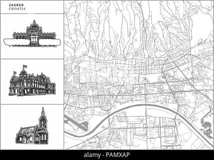 Zagreb city map with hand-drawn architecture icons. All drawigns, map and background separated for easy color change. Easy repositioning in vector ver Stock Vector