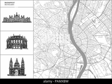 Budapest city map with hand-drawn architecture icons. All drawigns, map and background separated for easy color change. Easy repositioning in vector v Stock Vector