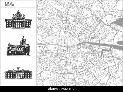 Dublin city map with hand-drawn architecture icons. All drawigns, map and background separated for easy color change. Easy repositioning in vector ver Stock Vector