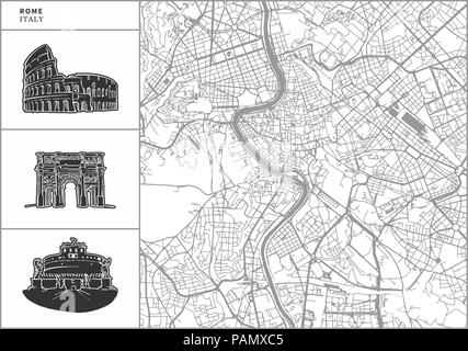 Rome city map with hand-drawn architecture icons. All drawigns, map and background separated for easy color change. Easy repositioning in vector versi Stock Vector
