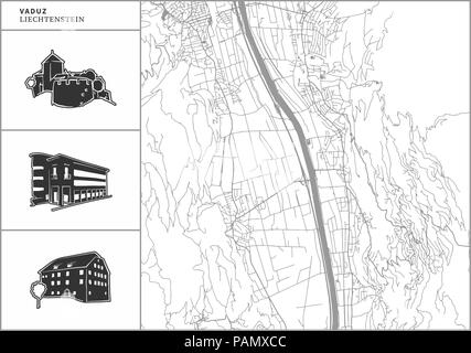 Vaduz city map with hand-drawn architecture icons. All drawigns, map and background separated for easy color change. Easy repositioning in vector vers Stock Vector