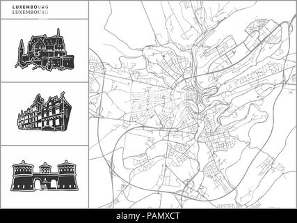 Luxembourg city map with hand-drawn architecture icons. All drawigns, map and background separated for easy color change. Easy repositioning in vector Stock Vector