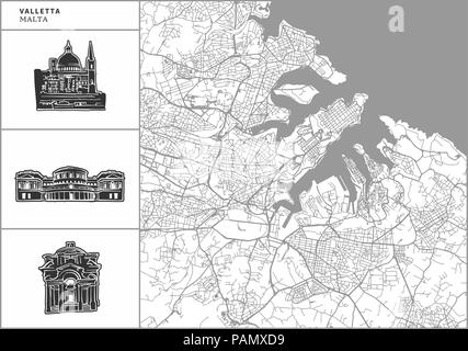 Valletta city map with hand-drawn architecture icons. All drawigns, map and background separated for easy color change. Easy repositioning in vector v Stock Vector