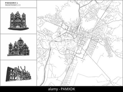 Podgorica city map with hand-drawn architecture icons. All drawigns, map and background separated for easy color change. Easy repositioning in vector  Stock Vector