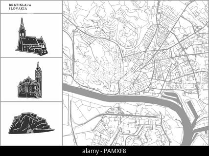 Bratislava city map with hand-drawn architecture icons. All drawigns, map and background separated for easy color change. Easy repositioning in vector Stock Vector