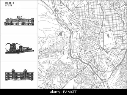Madrid city map with hand-drawn architecture icons. All drawigns, map and background separated for easy color change. Easy repositioning in vector ver Stock Vector