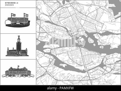 Stockholm city map with hand-drawn architecture icons. All drawigns, map and background separated for easy color change. Easy repositioning in vector  Stock Vector