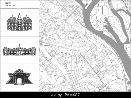 Kyiv city map with hand-drawn architecture icons. All drawigns, map and background separated for easy color change. Easy repositioning in vector versi Stock Vector