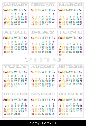 CALENDAR 2019 on white background with specific color for each day of the week Stock Vector