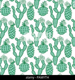 Set hand drawn cactus with flowers. Seamless pattern. Vector illustration isolated on white Stock Vector