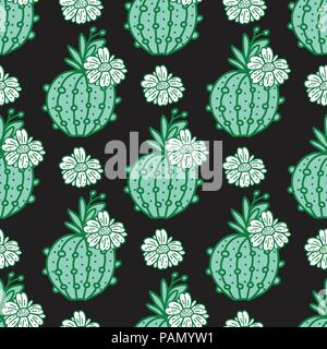 Green hand drawn cactus with flowers. Seamless pattern. Vector illustration on dark background Stock Vector