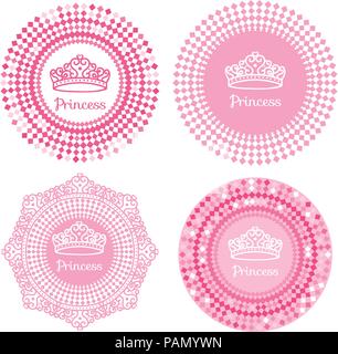 Vector Set princess sign with tiara on frame with curls pink hand drawn. Stock Vector