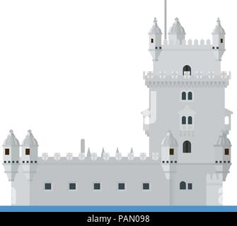 Flat design isolated vector icon of Torre de Belem, the Belem Tower, at Lisbon, Portugal Stock Vector