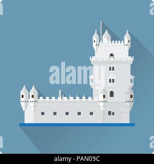 Flat design long shadow vector illustration of Torre de Belem, the Belem Tower, at Lisbon, Portugal Stock Vector