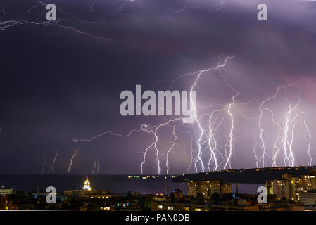 Storm over Varna, Bulgaria, with lightnings and flashes Stock Photo