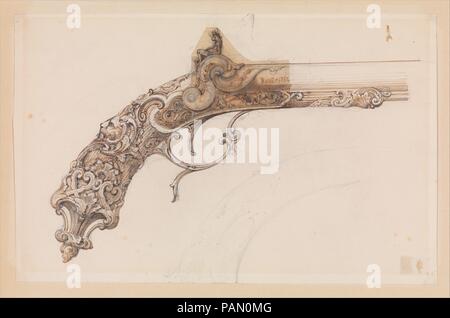 Design for a Percussion Pistol. Artist: Martin Riester (French, Colmar 1819-1883 Paris). Culture: French, Paris. Dimensions: 11 x 7 1/8 in. (28 x 18 cm). Date: dated 1850.  A talented draftsman and engraver, Riester designed ornament for many types of decorative objects, including jewelry, wall paper, glassware, book bindings, and elaborate firearms. Lavishly decorated guns, like that seen in this drawing, were made to showcase the talents of designers and gunsmiths at the great international exhibitions of arts, crafts, and industry that were held in Paris and London, such as the Crystal Pala Stock Photo