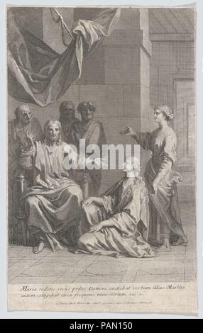 Christ in the House of Martha and Mary. Artist: Anonymous, French, 18th century. Dimensions: Sheet: 12 1/16 × 7 1/2 in. (30.6 × 19.1 cm). Date: 18th century.  An engraving of an interior scene with Christ seated in a chair, addressing Mary and Martha, with three men standing behind him in the shadows. The print was published by Jean Mariette (French, 1660-1742), one of the most important print publishers active in Paris in the first half of the 18th century. An attribution to Claude Simpol (French, 1666-1716) has been tentatively propoaed. Museum: Metropolitan Museum of Art, New York, USA. Stock Photo