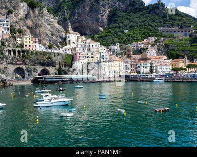 Boats in the harbour at Amalfi, a tourist town on the Amalfi Coast, Italy. Stock Photo