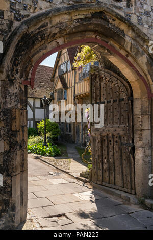Priory Gate and part of Cheyney Court within the grounds of Winchester cathedral, Hampshire, England. Stock Photo