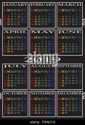 CALENDAR 2019 on black background with specific color for each day of the week Stock Vector