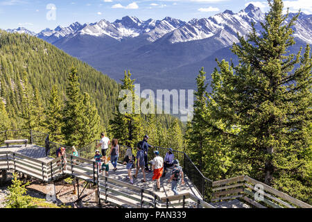 Tourists enjoying the views from the summit boardwalk on Sulphur Mountain in the Rocky Mountains, Banff, Alberta, Canada Stock Photo