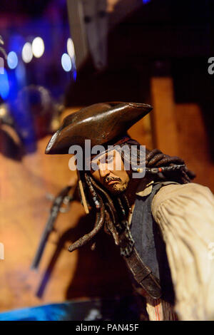 GENOVA, ITALY - MAY 4, 2016: Johnny Depp as Jack Sparrow, Pirates of the Caribbean, International cinema museum in Genova, Italy. Museum with collecti Stock Photo