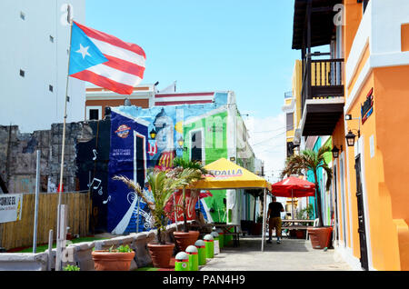 Restaurants and cafes on Calle Tanca street and Calle Norzagara in Old San Juan, Puerto Rico Stock Photo