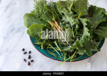 fresh carrots, kale, lettuce, chard, and honey berries on plate Stock Photo