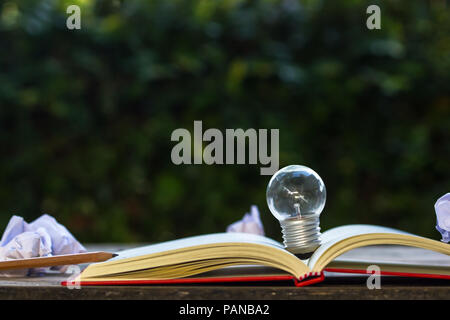 Light bulb growing on open book on the table in the public park with crumpled papers Idea nature conservation and saving energy concept. Stock Photo