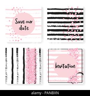 Wedding glitter confetti on stripes, invitation set Stock Vector