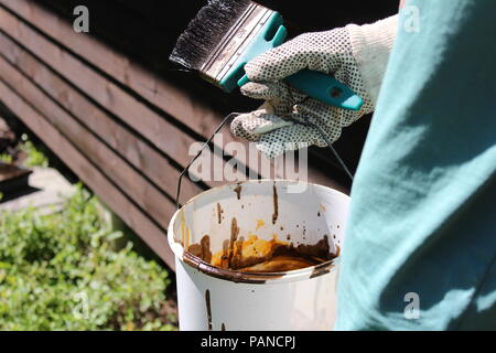 Young man with paint brush and bucket Stock Photo