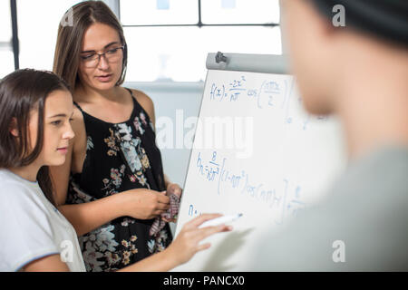 Teacher helping teenage girl writing formula on whiteboard Stock Photo