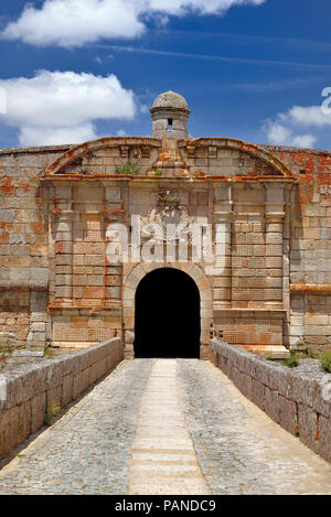 Vertical view of fortified town gate and stone bridge Stock Photo
