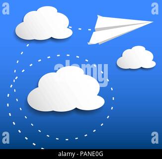 Paper flying plane in clouds. Blue sky background. Vector illustration ...