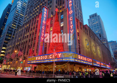 Christmas tree decorates the facade  of the Radio City Music Hall, Manhattan, New York City, USA, December 29, 2017    Photo © Fabio Mazzarella/Sintes Stock Photo