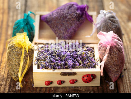 Closeup of potpourri sacks, lavender in small bags for aromatherapy Stock Photo