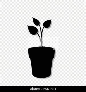 Black silhouette of sprouting plant in the pot isolated on transparent background . Seeding vector illustration, icon, sign, template for design. Stock Vector