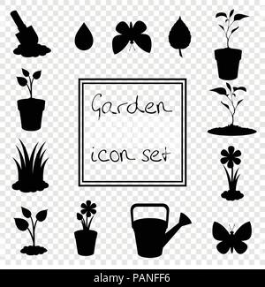 Black silhouette of gardening icons set isolated on transparent background . Vector illustrations, icons, signs, templates for design. Stock Vector