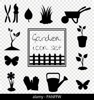 Black silhouettes of vector garden icon illustrations, signs, templates for design. Gardening icon set isolated on transparent background. Stock Vector