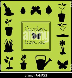 Black silhouettes of garden icons set isolated on green background . Vector illustrations, icons, signs, templates for design. Stock Vector